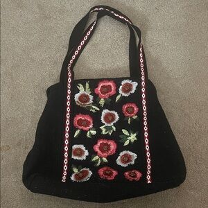 Floral Embroidered Beaded Black Tote Shoulder Bag